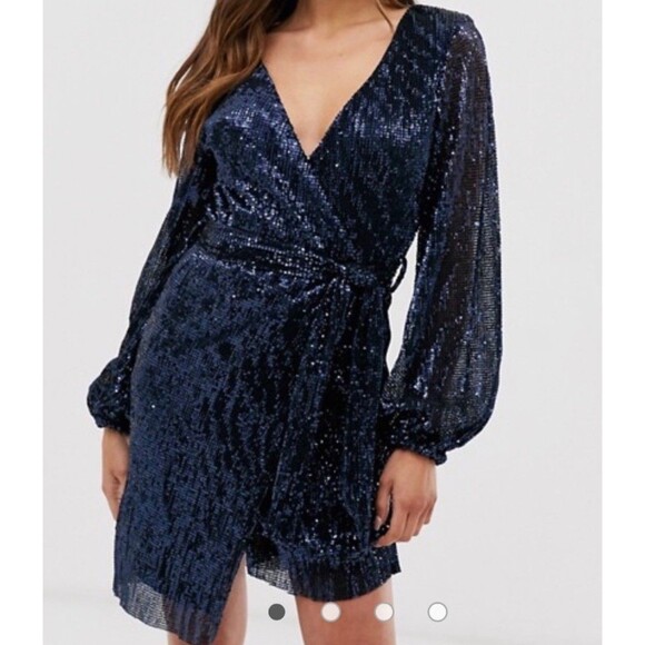 Club L London US size 4 sequin plisse wrap front midi dress party navy blue sexy - Picture 1 of 11